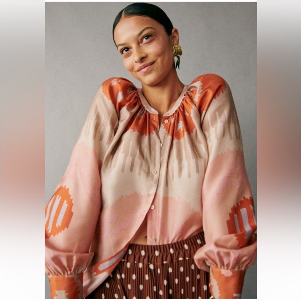 Sezane Blouse Top Lealys Silk Long Sleeve Button Down Rosewood Sz 42 US 10